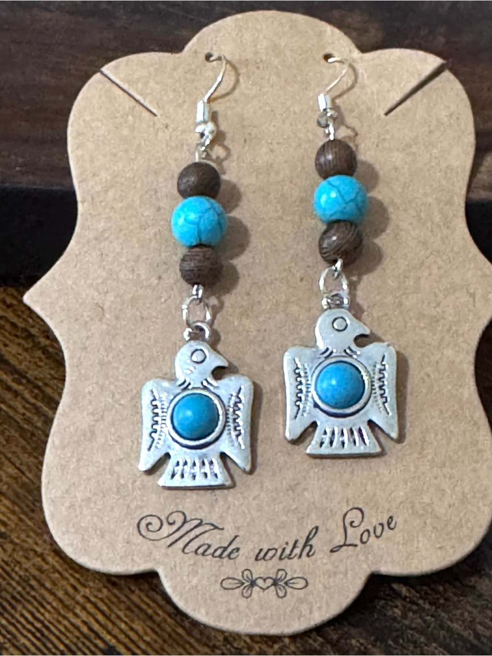 Handmade Turquoise and Brown Thunderbird Drop Earrings